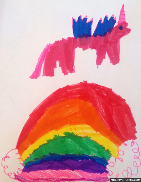 Mazzy Creates “Girl Riding Pegacorn Jumping Over a Rainbow”, Mommy Shorts